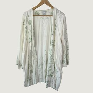 Bali Emerald Embroidered Sea Shell Kimono Cardigan 2X Ivory‎ Green Coastal Boho